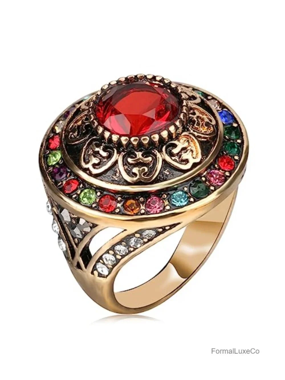 14K Yellow Gold Plated Chunky Dome Signet Ring Women Crystal Cocktail Vintage